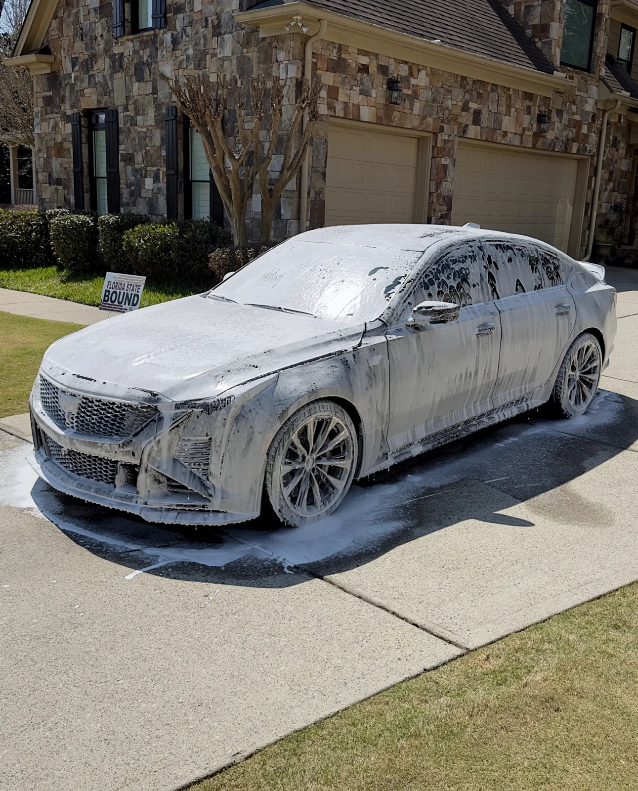 Cadillac CT5-V Blackwing during foam wash at a Cumming mobile detailing appointment