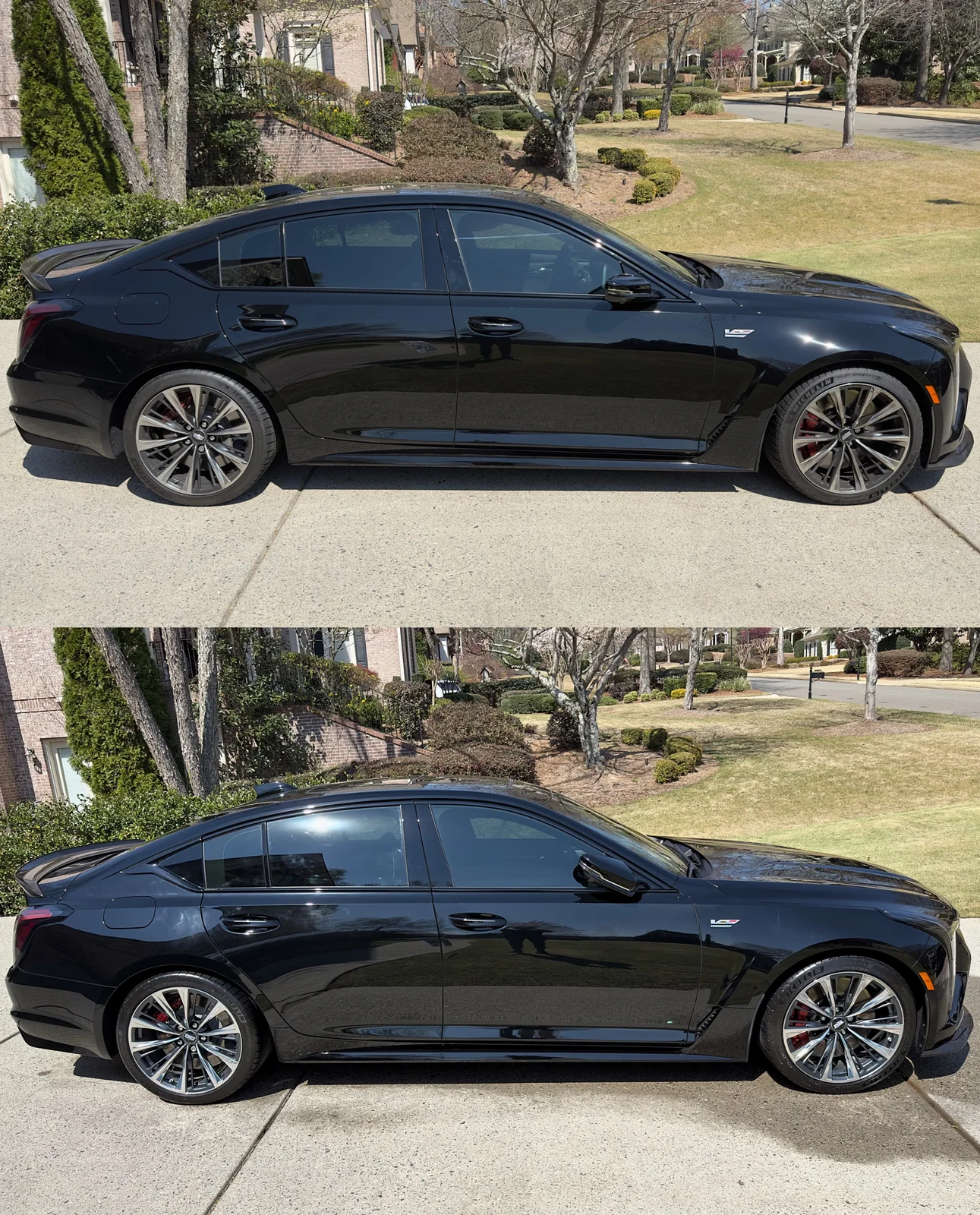 Cadillac CT5-V Blackwing side profile before and after exterior detailing in Cumming GA