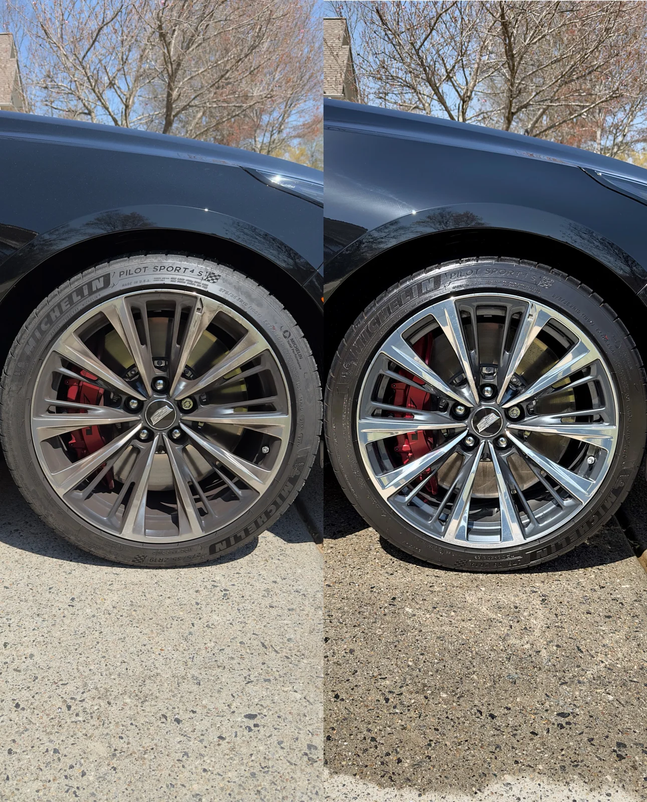 Cadillac CT5-V Blackwing wheel before and after exterior detailing in Cumming GA