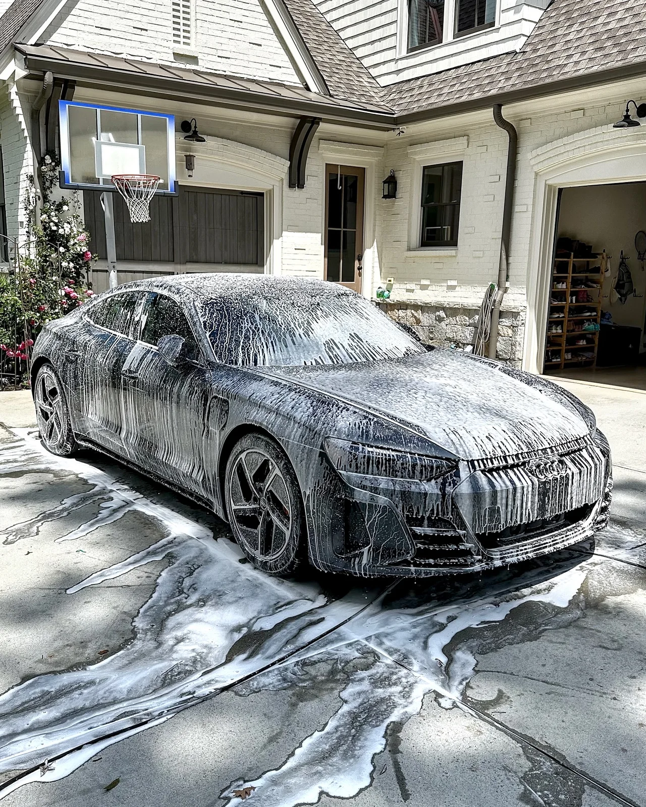 Audi RS E-Tron GT during foam wash at a Suwanee mobile detailing appointment