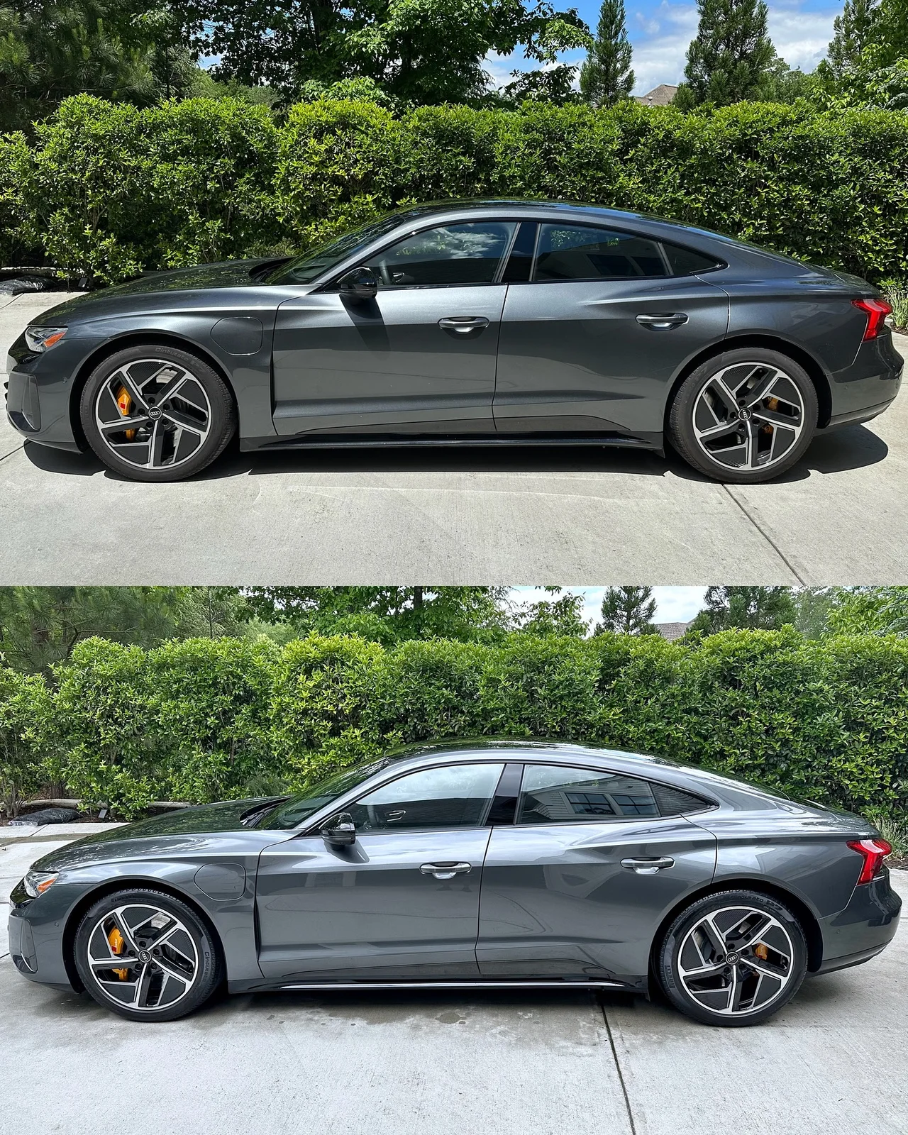 Audi RS E-Tron GT side profile before and after paint correction and ceramic coating in Suwanee GA