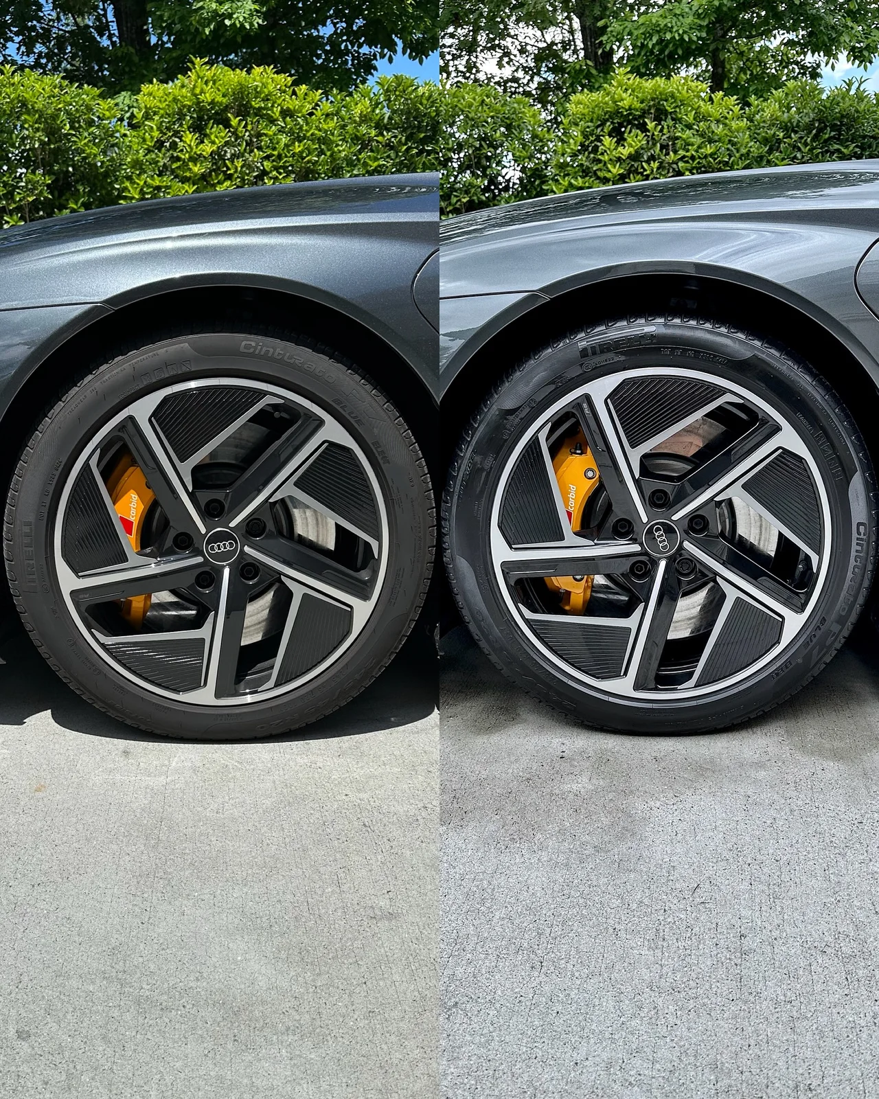 Audi RS E-Tron GT wheel before and after exterior detailing in Suwanee GA