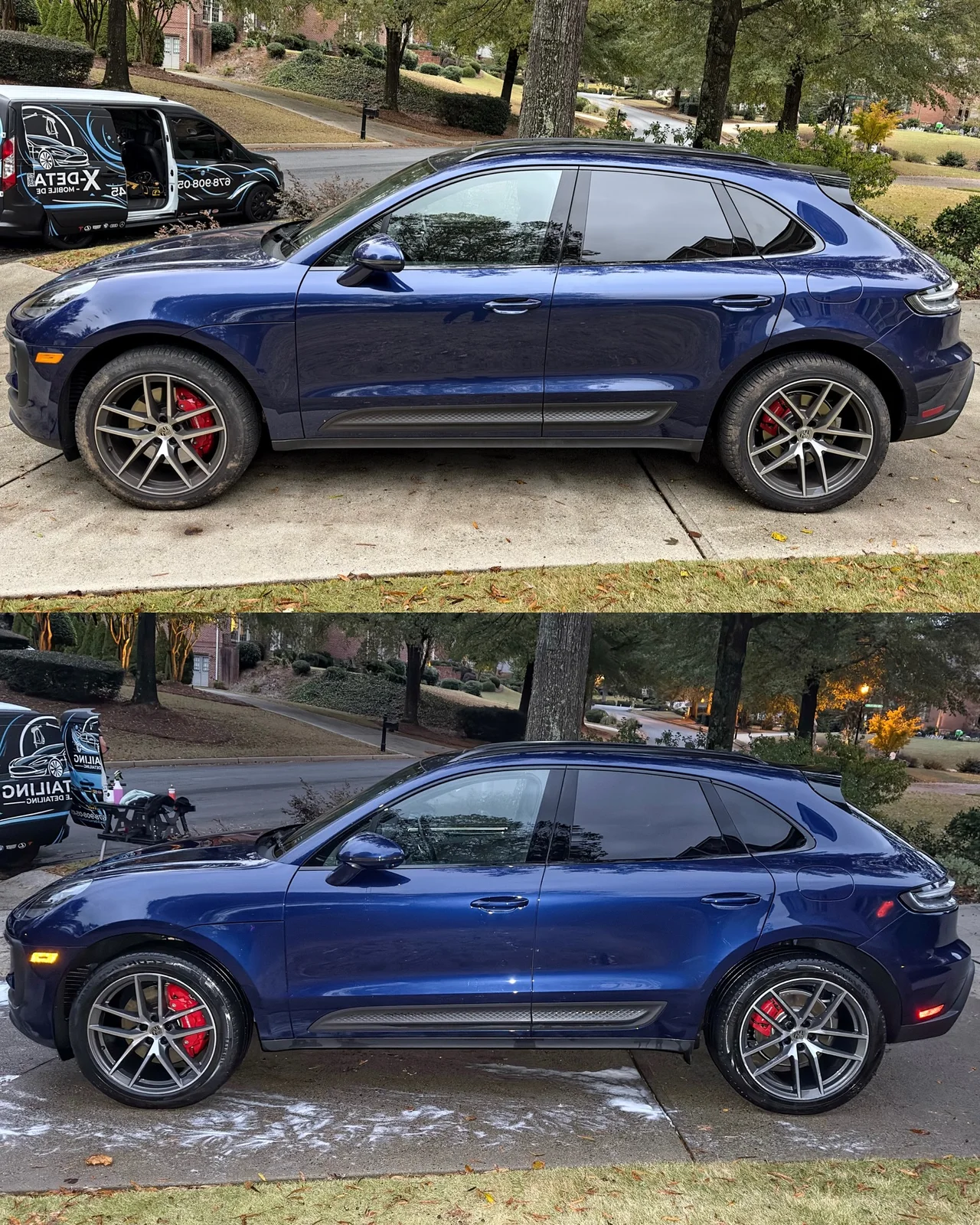 Porsche Macan S side profile before and after exterior detailing in Suwanee GA