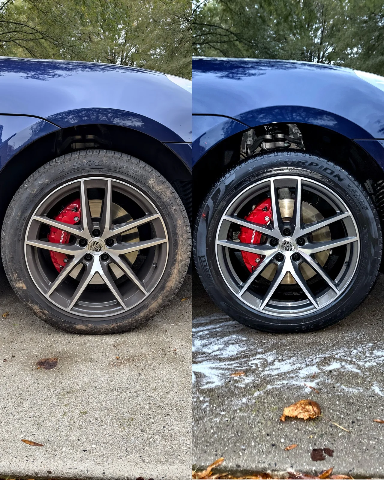 Porsche Macan S wheel before and after exterior detailing in Suwanee GA